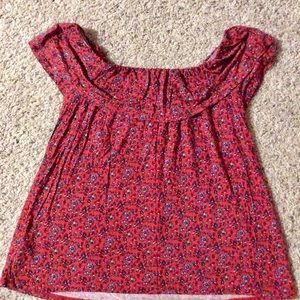 Red ruffle T-shirt with blue flowers